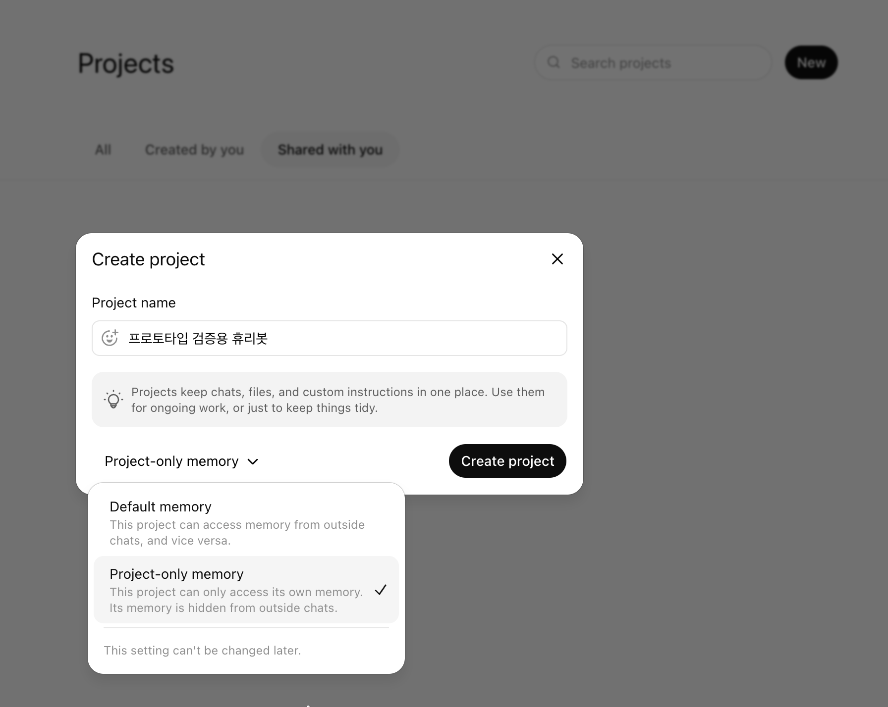 ChatGPT 프로젝트 생성 화면에서 Project-only memory를 고르는 모습